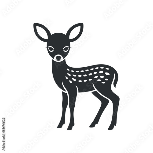 A simple black and white illustration depicts a young deer or fawn standing calmly and showcasing its spotted coat pattern