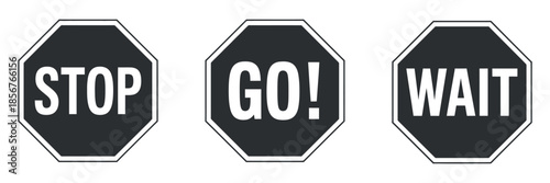 a visual representation of traffic control featuring three octagonal signs with commands stop go and wait displayed in white lettering