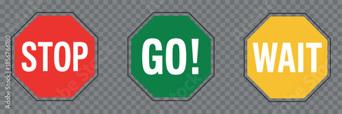 a vibrant arrangement of three octagonal road signs displaying the commands stop go and wait against a transparent background high quality