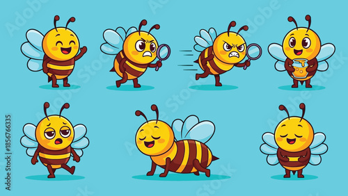 Cute cartoon bees character set with various emotions and poses, funny honeybee mascots.