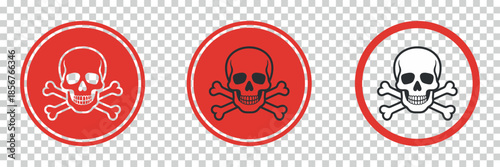 three warning signs depicting a skull and crossbones within red oval frames are presented in varying line weights and styles