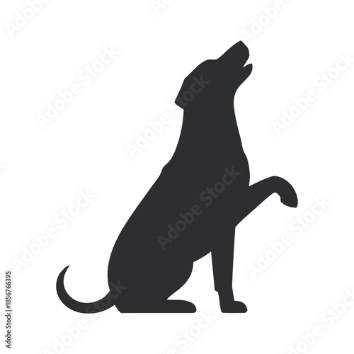 a silhouetted depiction of a dog sitting and howling towards the sky showcasing its form and posture in a simple style