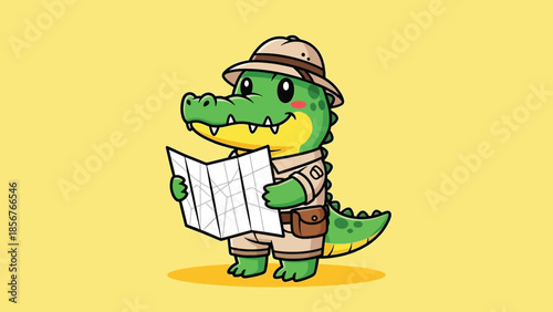 Cute cartoon crocodile explorer wearing safari hat and holding map.