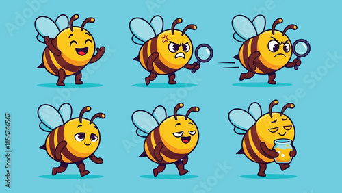 Cute cartoon bees with various expressions and actions, adorable honeybee character set.