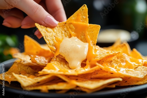 Delicious cheesy nachos being enjoyed, with a hand reaching for a chip generously covered in warm melted sauce.