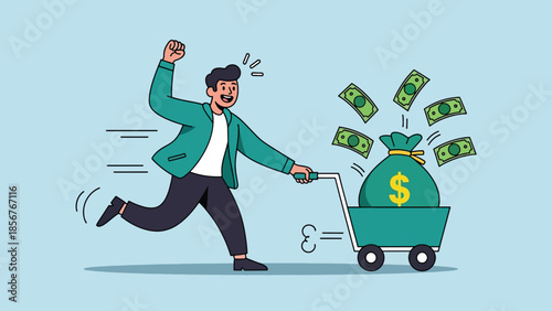 Excited Man Running with Shopping Cart Full of Money and Flying Dollar Bills.