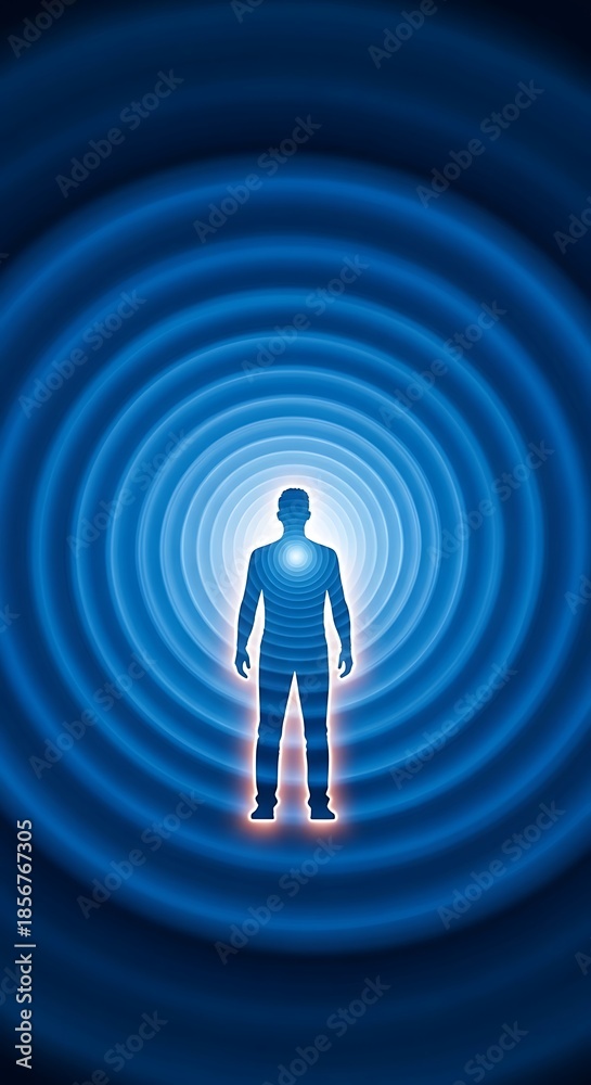 Obraz premium Silhouette of person surrounded by concentric blue energy waves.