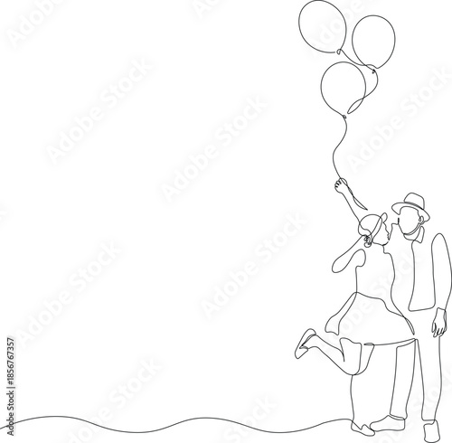 Romantic Couple Hugging and Holding Balloons. Minimalist One Line Art Illustration of Love, Happiness, Freedom, and Celebration