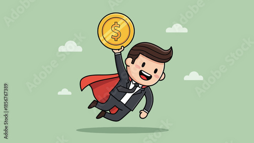 Flying superhero businessman holding a golden dollar coin, symbolizing financial success.