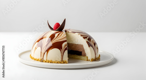 Delicious chocolate and cream layered mousse cake with raspberry