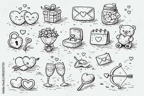 Cute Hand Drawn Valentine Love Emblem Icon Set in Sketch Style