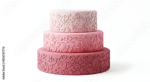 Beautiful three-tiered pink wedding cake with floral designs