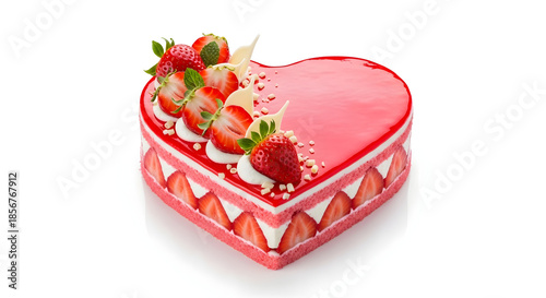 Delicious heart shaped strawberry cake with fresh strawberries