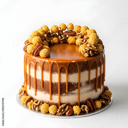Delicious caramel cake with nuts and caramel drizzle on top