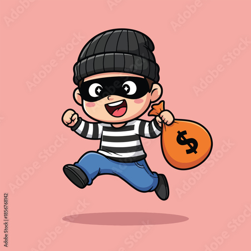 Happy cartoon thief running with stolen money bag.