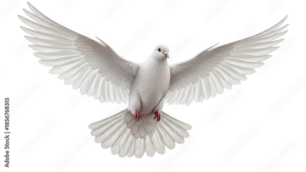 Obraz premium A white dove flying with its wings spread wide on transparent background