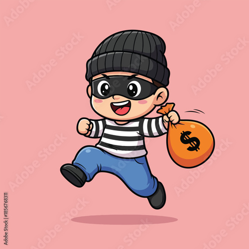 Playful Cartoon Thief Character with Black Mask and Striped Shirt Holding a Dollar Money Bag While Running.