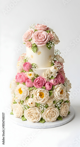 Exquisite multi-tiered wedding cake adorned with roses and flowers