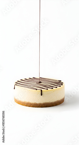 Delicious cheesecake with chocolate drizzle on white background
