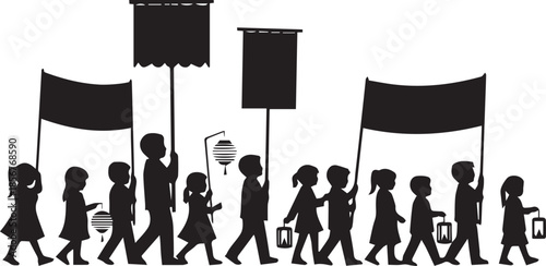 Children marching in a parade holding banners and lanterns