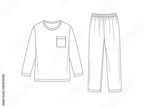 Line art of a simple pajama set, featuring a long-sleeved shirt and pants, for comfortable sleepwear