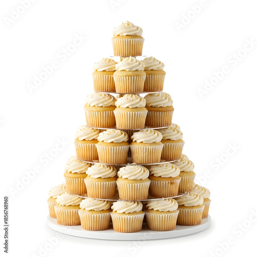 Beautiful vanilla cupcake tower with white frosting and sprinkles