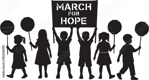 Children marching with protest sign and balloons for hope
