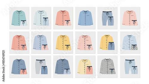 Variety of colorful pajamas sets for women arranged in a grid, ideal for online stores