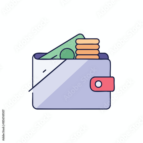 A colorful wallet icon, filled with money and coins