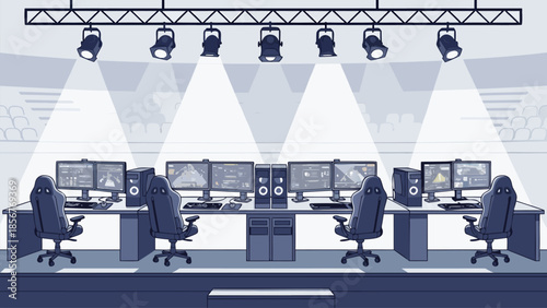 Esports Arena Stage with Gaming PCs and Chairs Under Spotlights