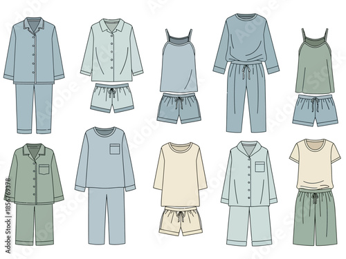 Collection of sleepwear and pajamas styles long and short sets, for comfort and relaxation, in pastel colors