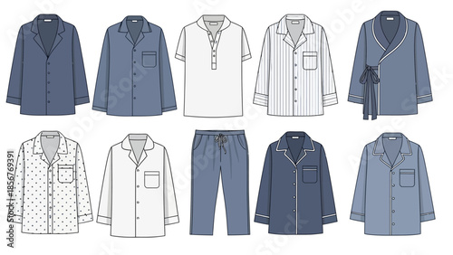 Assortment of pajama styles in blue and white, showcasing different designs for comfort and sleepwear