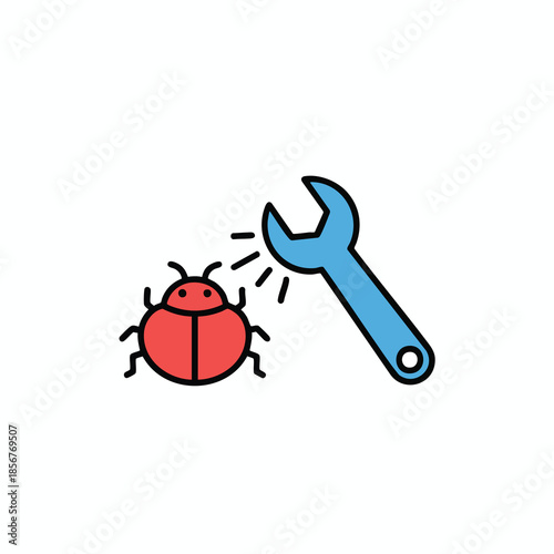 A red insect being "fixed" with a wrench, representing bug fixing