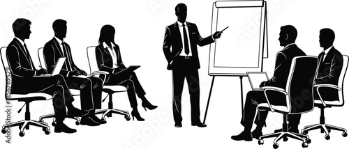 Business Presentation Silhouette Showing Professional Speaker Explaining Data on Flipchart to Diverse Corporate Team Sitting in Office Chairs for Training