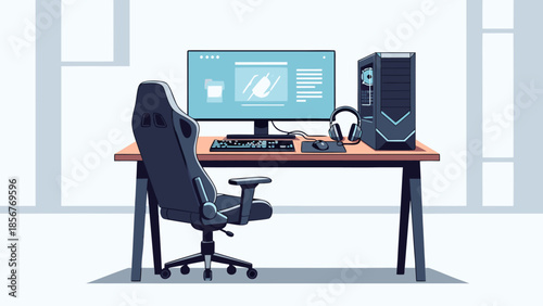 Modern gaming setup with PC chair and desk