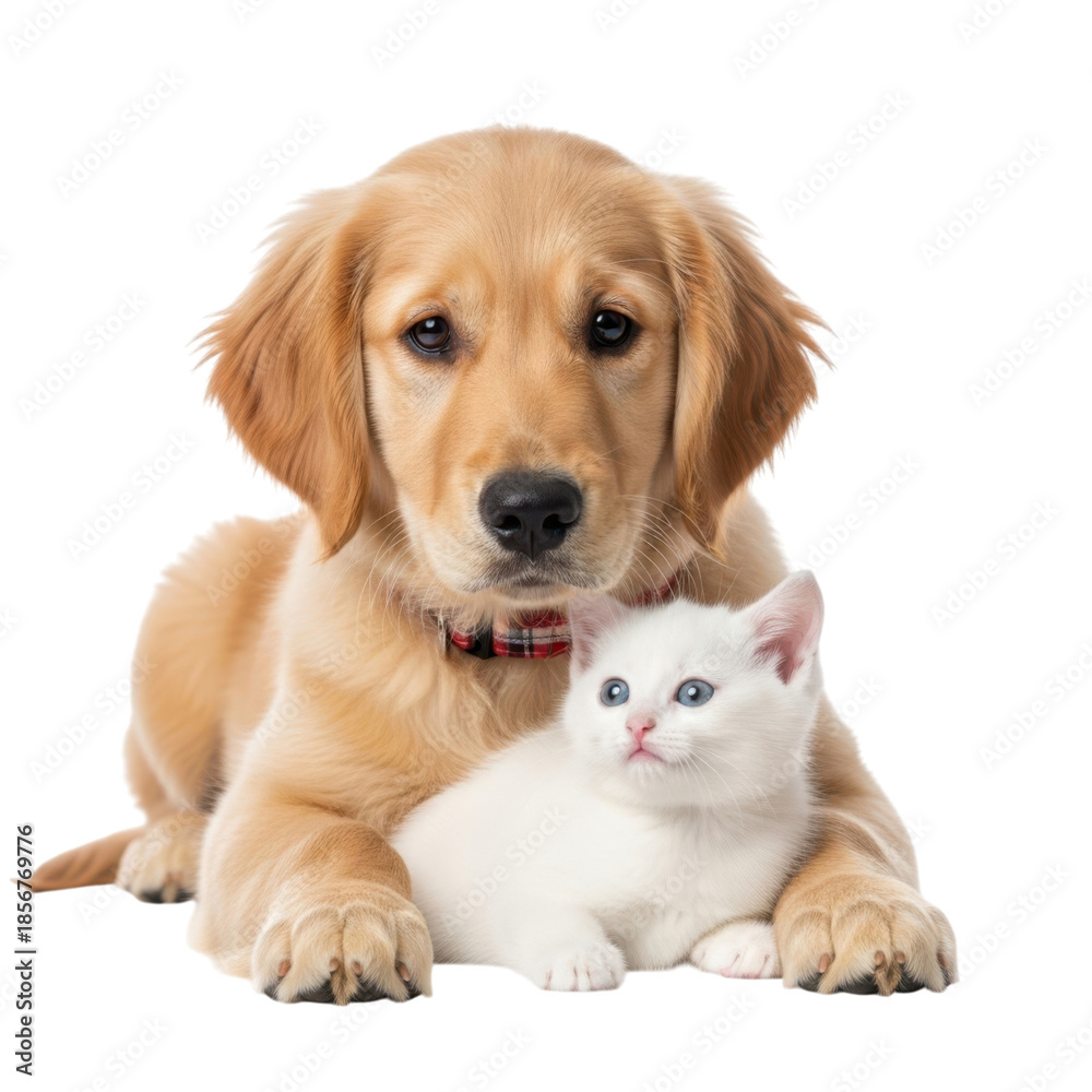 Fototapeta premium Golden retriever puppy and white kitten isolated on transparent background