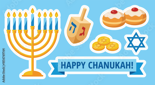 Happy Hanukkah celebration with traditional symbols and treats