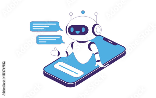 Cute robot with headphones chatting on smartphone