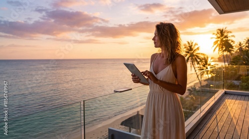 Woman using tablet on balcony with ocean sunset view
