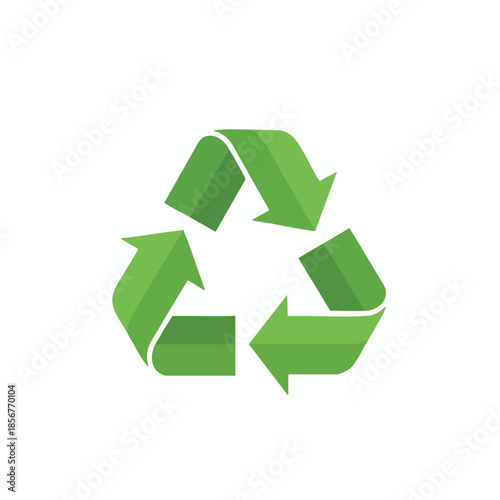 A green triangular recycling symbol made of three arrows against a white backdrop