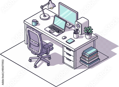 Contemporary home office desk with computer, chair, and digital work tools isometric view