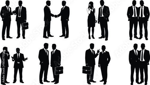 Collection of Professional Business Silhouettes Featuring Men and Women Shaking Hands Talking and Collaborating for Corporate Partnership Success and Executive Networking
