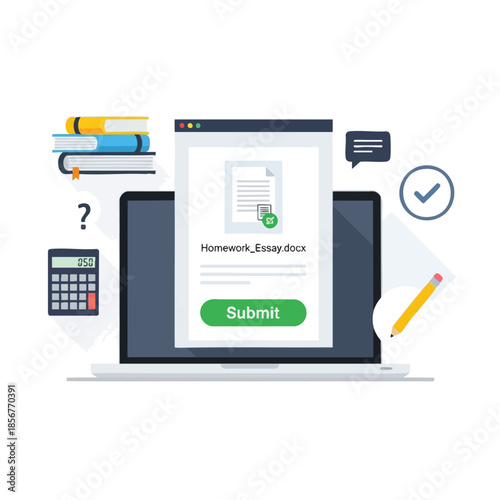 A laptop displays a homework file submission, with tools & books on a white background