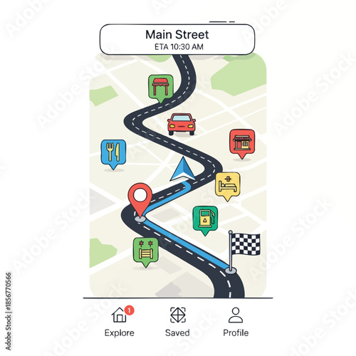 A navigation app displays a road trip route with various location markers