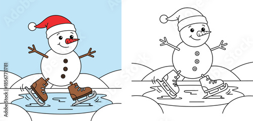 Cute snowman ice skating in Santa hat, vector cartoon illustration with black and white coloring book outline.