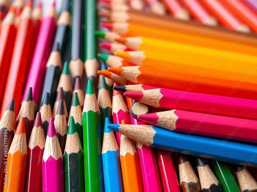 Fototapeta premium A collection of sharpened colored pencils, vibrant hues arranged in a neat row, perfect for art projects, art, school