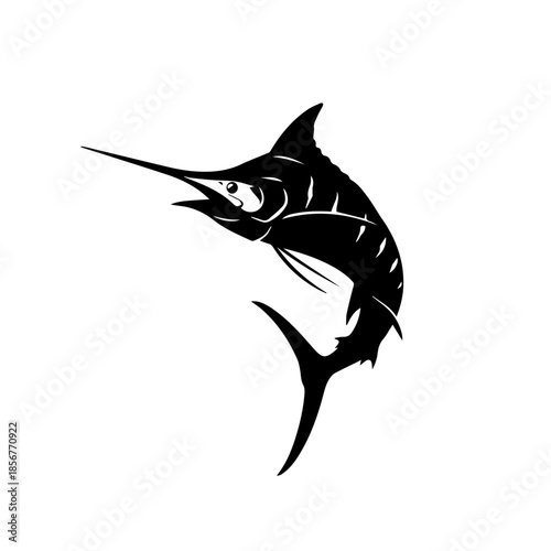 A black silhouette of a marlin fish leaping upwards, depicted in a stylized graphic.