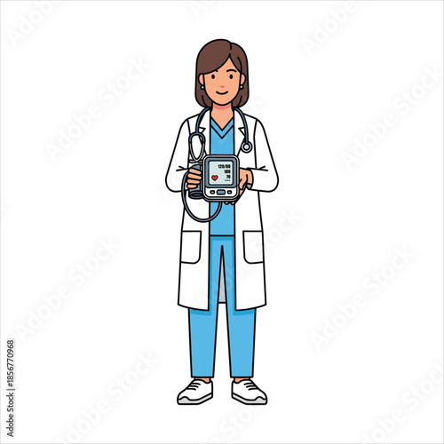 A medical professional holding an electrocardiogram device, standing in a clinical environment, viewed from the front.