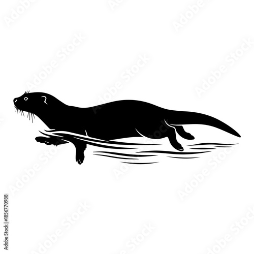 Black silhouette of an otter swimming gracefully in water, depicted in profile with ripples around its body.