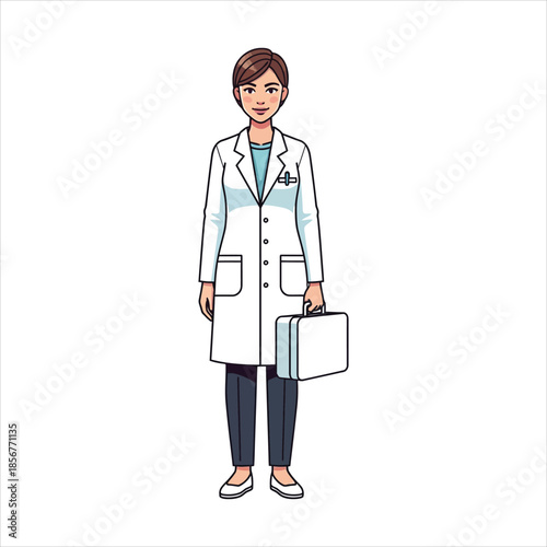 A female doctor standing confidently with a briefcase in a professional setting